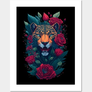 Panther Face with Roses Posters and Art